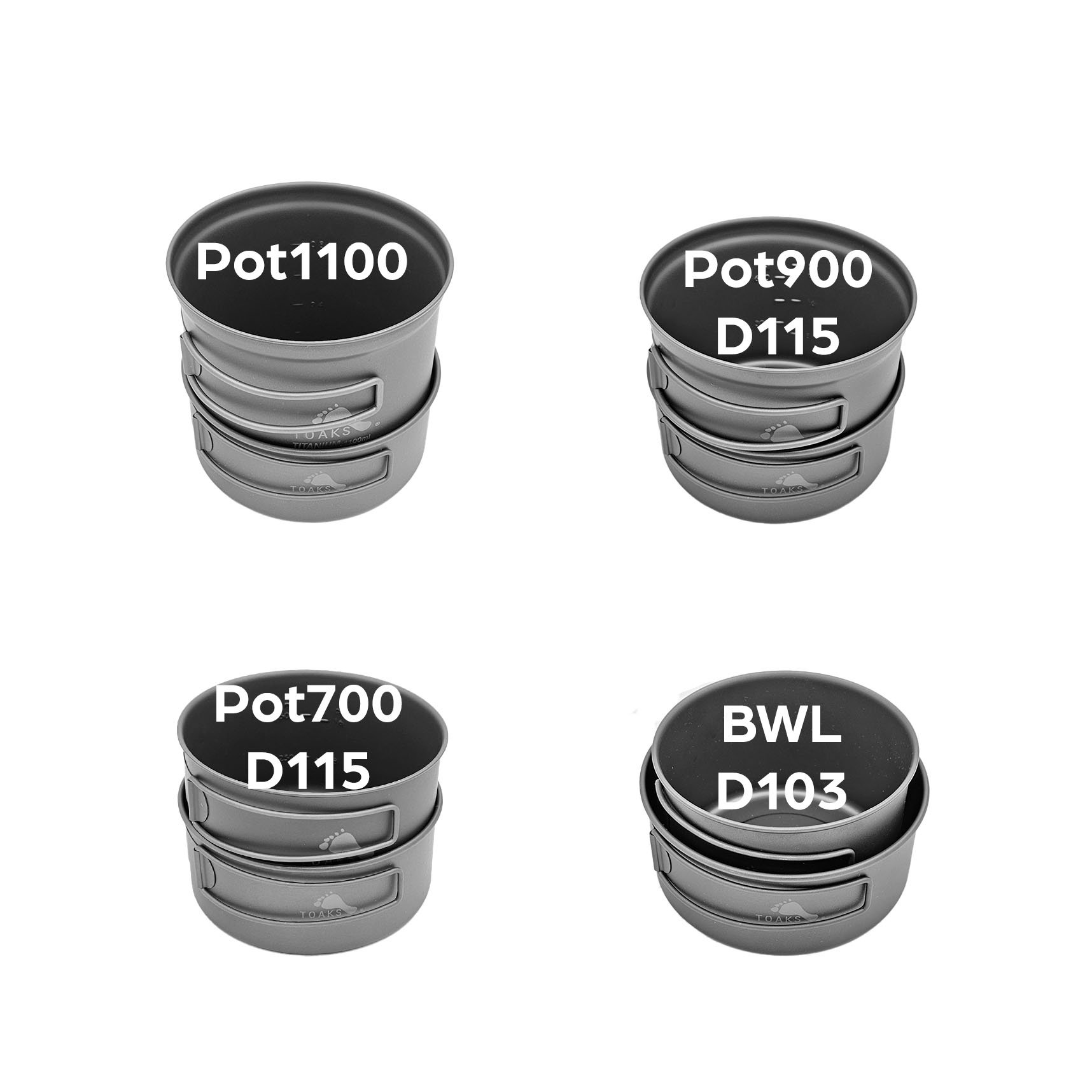 Toaks Bowl BWL D118 mit vier verschiedenen Produkten genestet